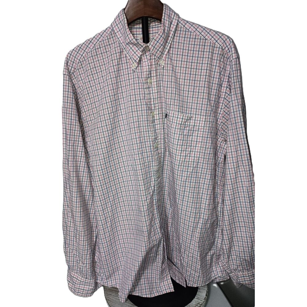 BROOKS BROTHERS: White with Pink & Blue Long-Sleeve Button Down Shirt, Men's L
